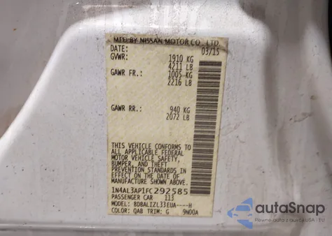 2015 Nissan Altima 2.5 Sv from USA, damaged, VIN 1N4AL3AP1FC292585